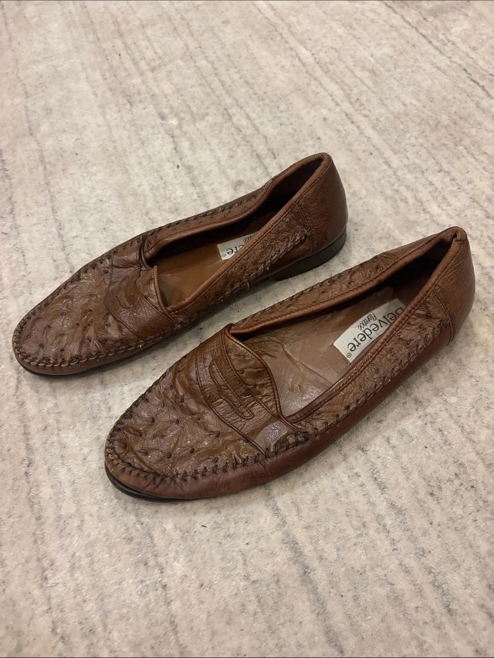 Belvedere Brown Ostrich-Texture Penny Loafers